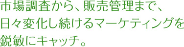 市場調査から、販売管理まで、 日々変化し続けるマーケティングを鋭敏にキャッチ。